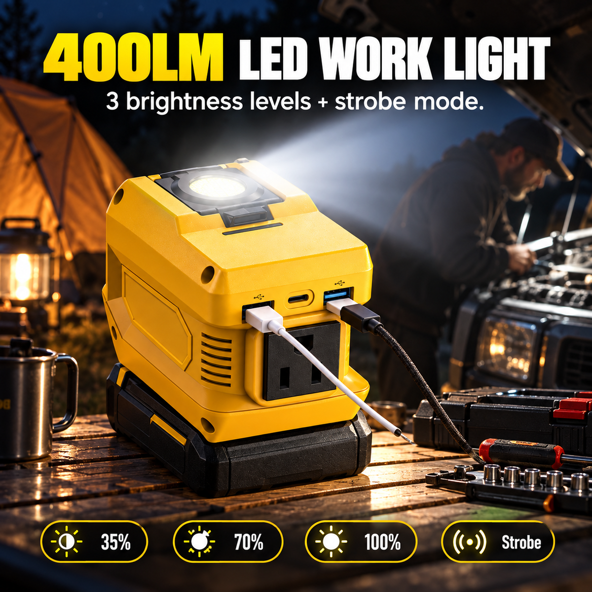 220W Portable Power Inverter with USB-C, Dual USB Ports & LED Work Light