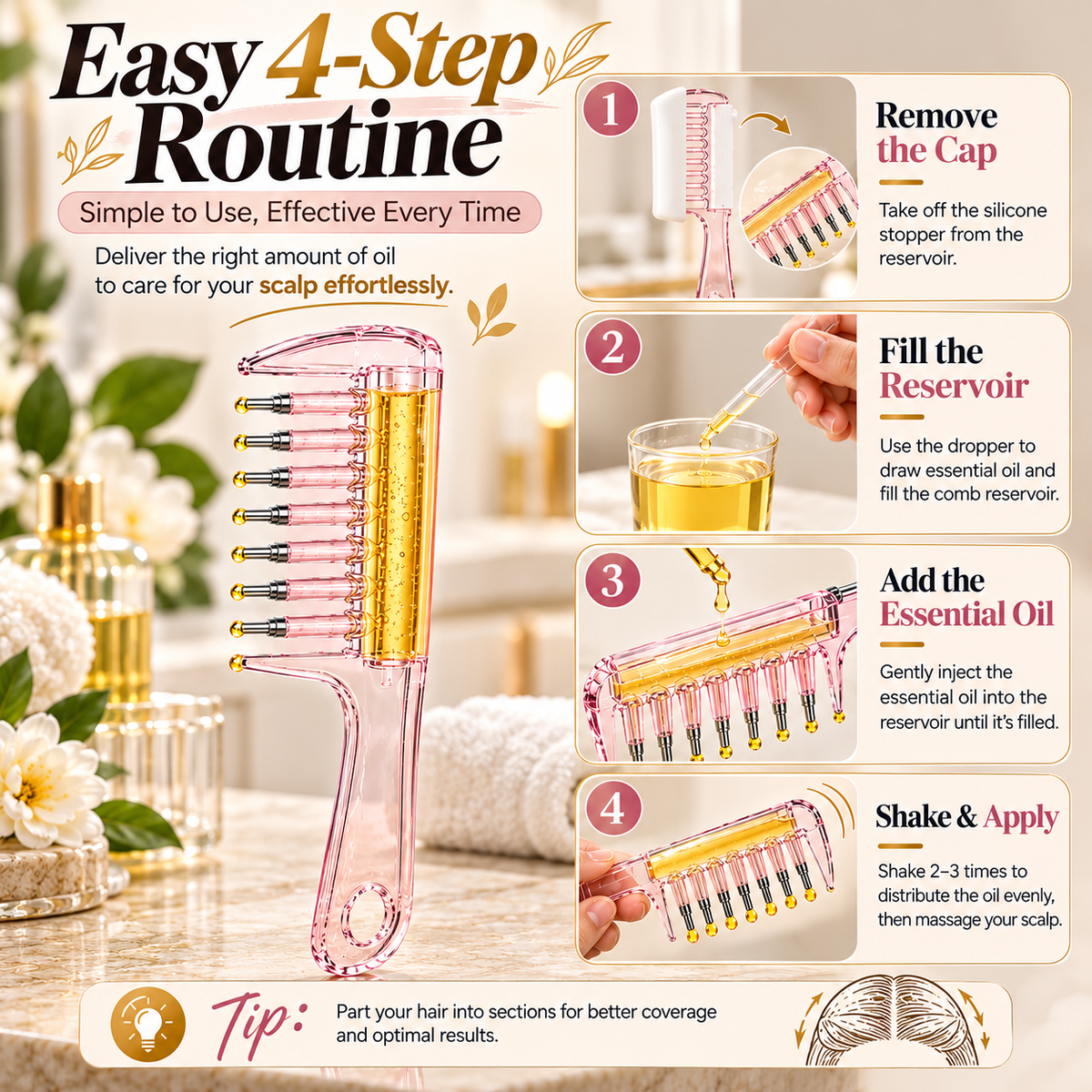 💧 Refillable Scalp Oil Applicator Comb – Precision Roller Massage for Easy, Even Hair Root Care