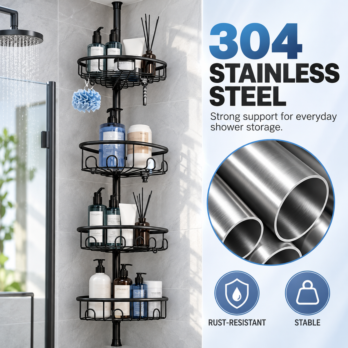 4-Tier Adjustable Corner Shower Caddy with Hooks