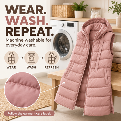 Hooded Long Puffer Vest Without the Bulk