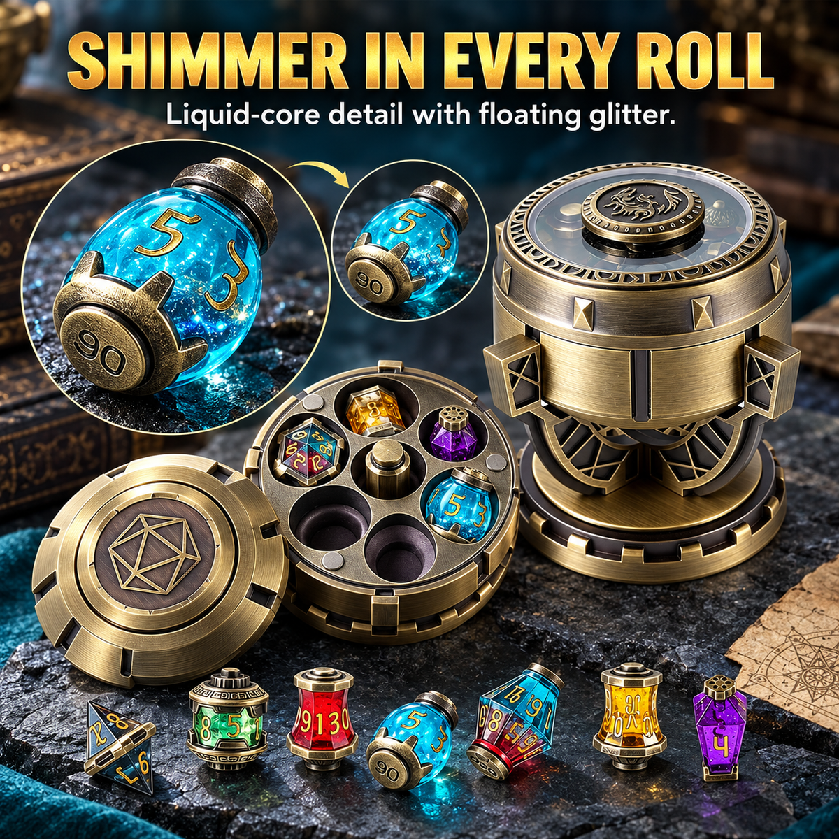 Alchemist’s Metallic Elixir DND Dice Set with Spinning Chalice & Liquid-Core Potion Dice