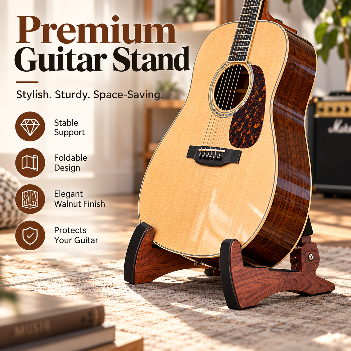 Walnut-Style Folding Guitar Stand – Compact A-Frame Design