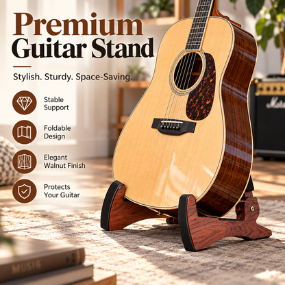 Walnut-Style Folding Guitar Stand – Compact A-Frame Design