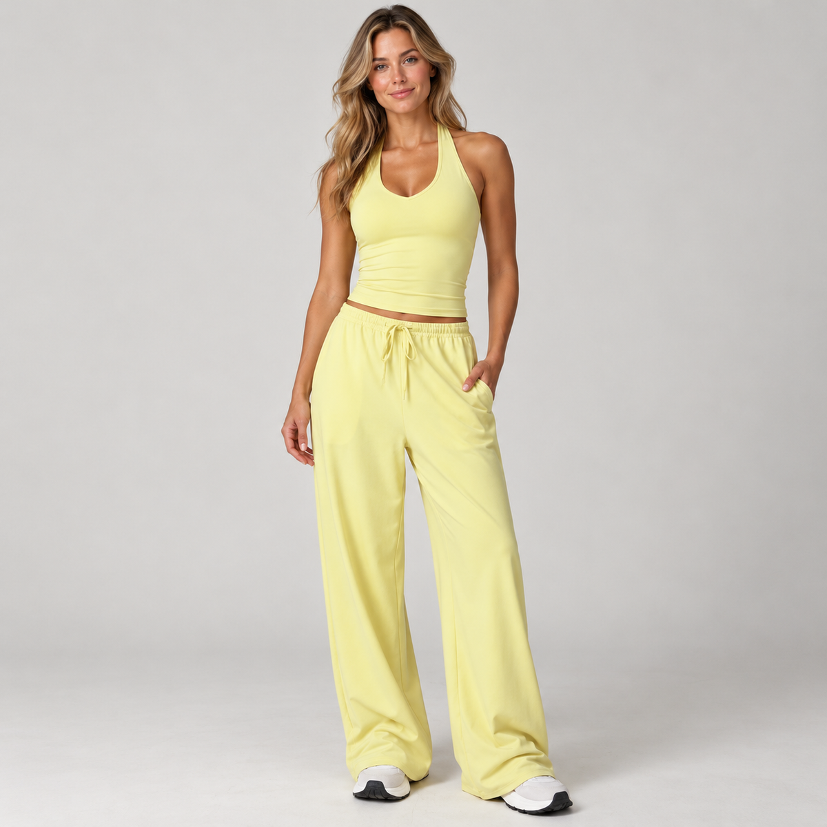 ✨ Women's Comfy 2-Piece Lounge Set – Halter Tank Top & Relaxed Wide Leg Pants