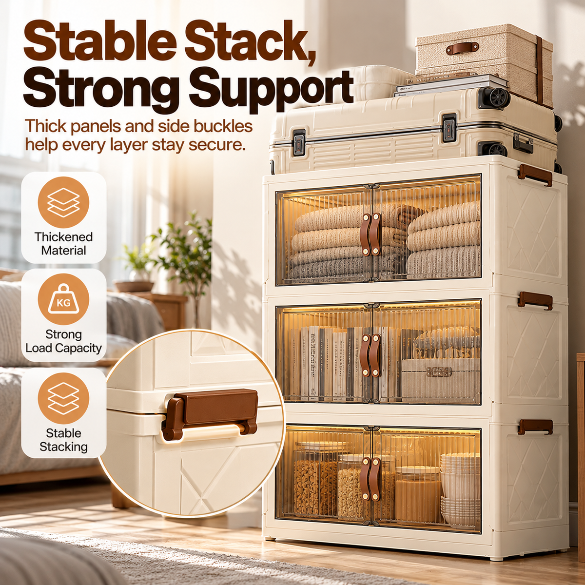 Large Capacity Foldable Storage Cabinet with Magnetic Doors & Stackable Design