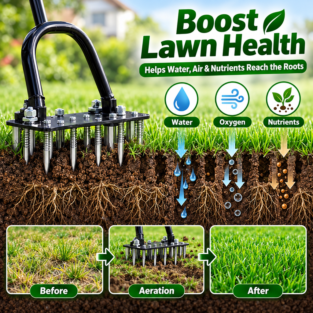 🌱 15-Spike Lawn Aerator – Adjustable Manual Soil Loosening Tool for Healthier, Greener Grass