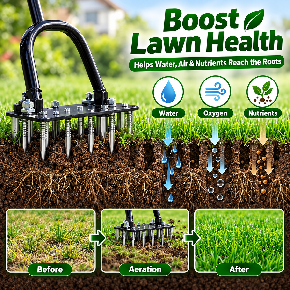 🌱 15-Spike Lawn Aerator – Adjustable Manual Soil Loosening Tool for Healthier, Greener Grass