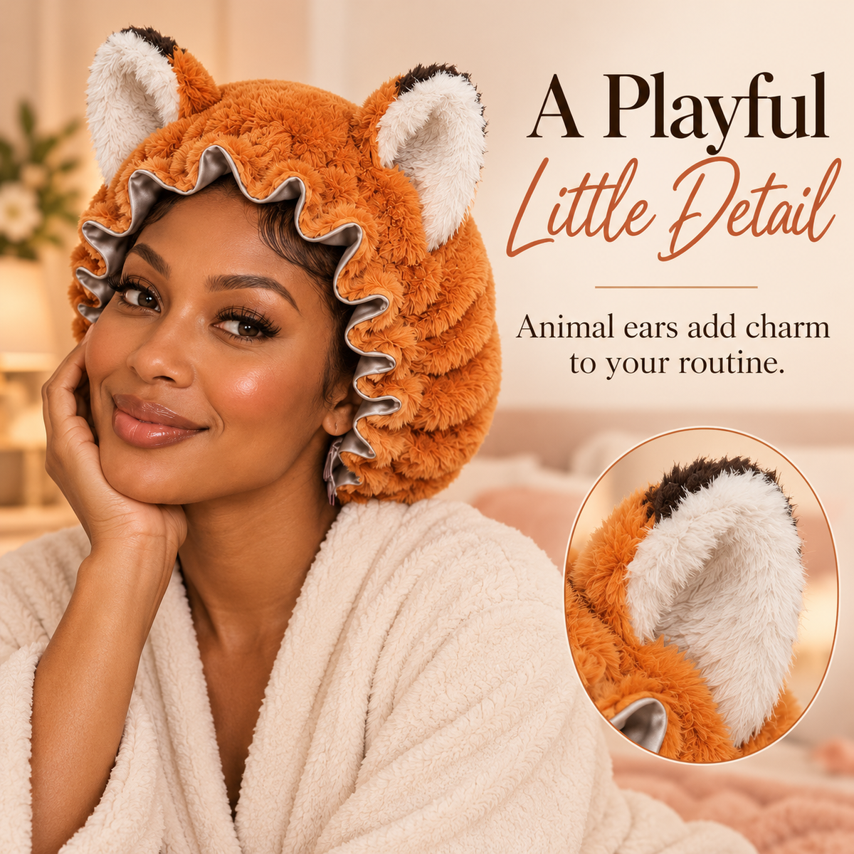 🦊 Plush Fox Ear Sleep Bonnet – Satin Lined & Adjustable for Gentle Hair Care ✨