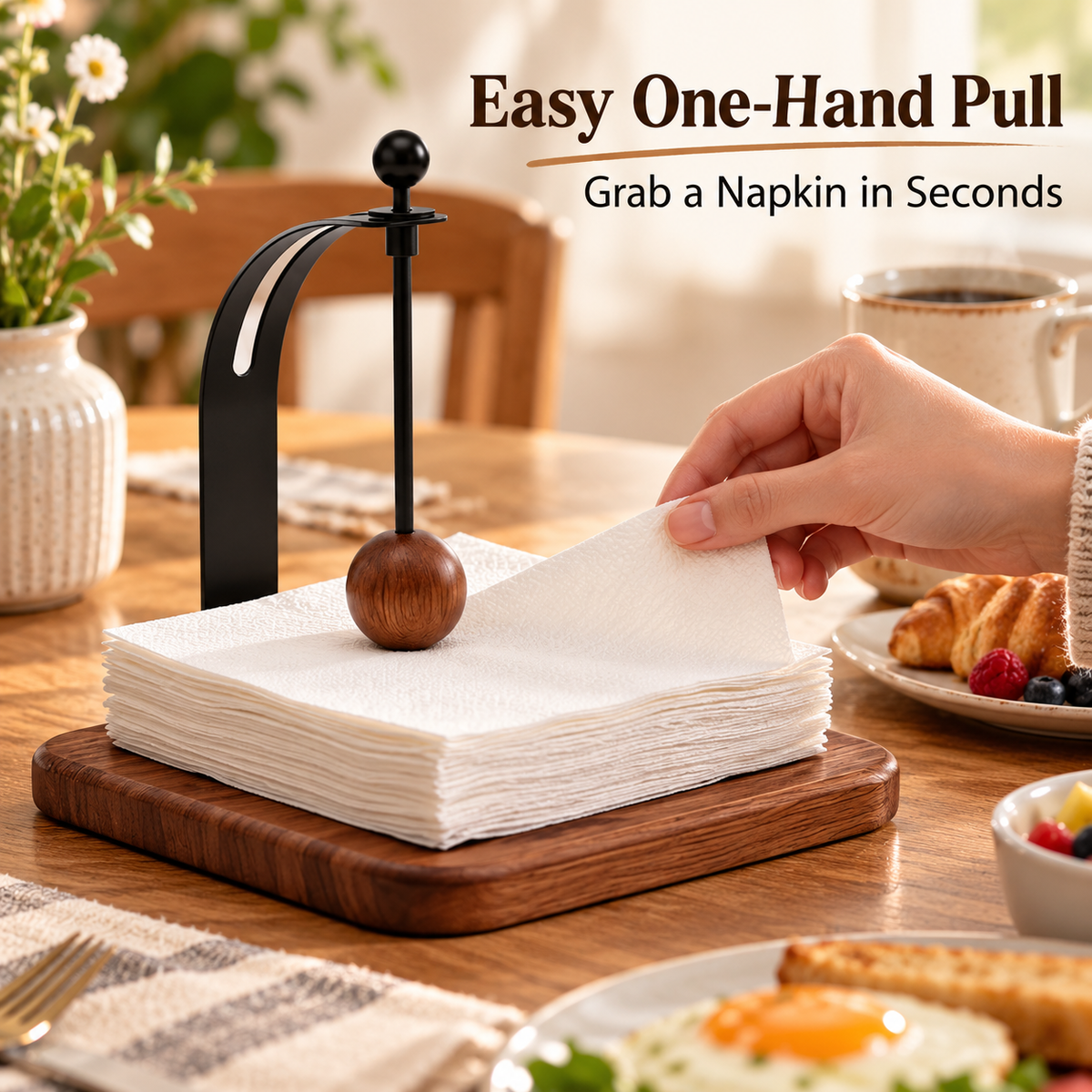 Modern Wood & Metal Napkin Holder with Weighted Arm
