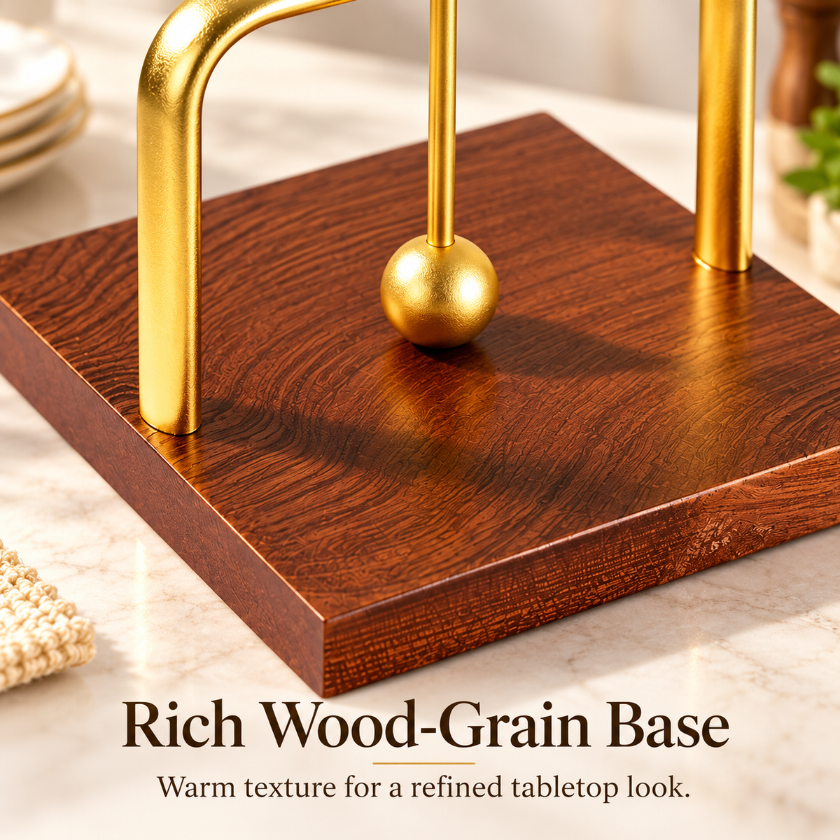 Gold & Wood Weighted Napkin Holder with Secure Arm