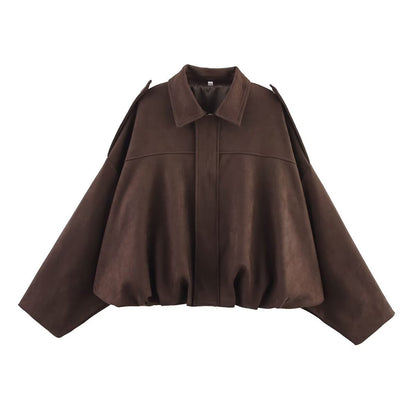 🍂 Women's Vintage Faux Suede Jacket – Oversized Cropped Fit & Zip Front