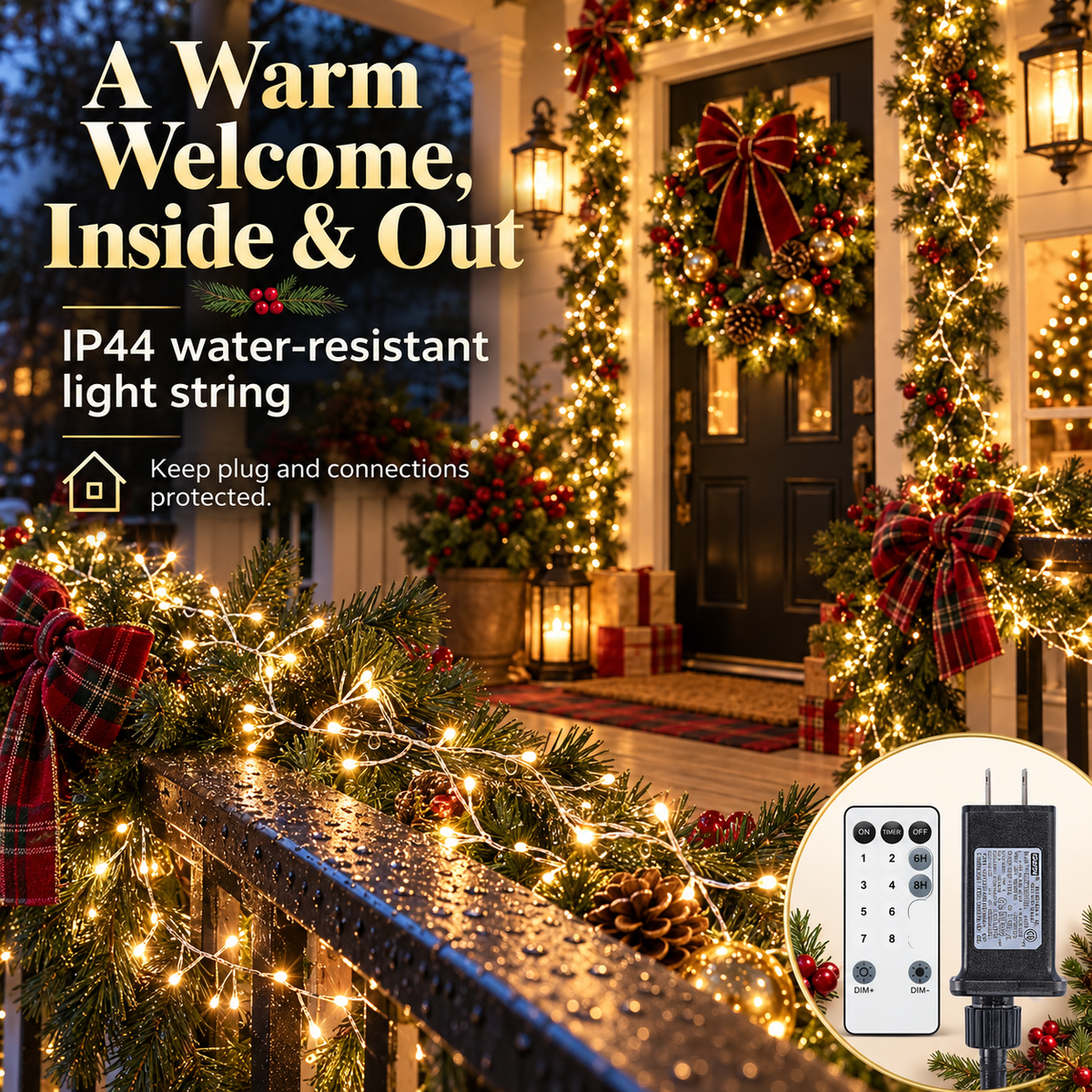 Warm White Christmas String Lights – 8 Modes, Remote & Timer