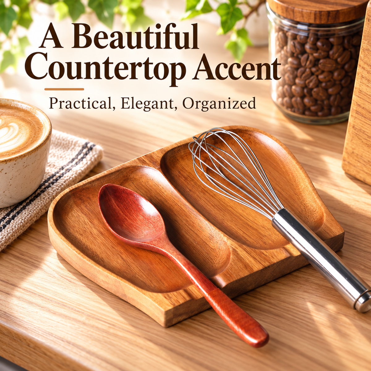 Acacia Wood Multi-Slot Utensil Rest – Countertop Spoon & Tool Holder