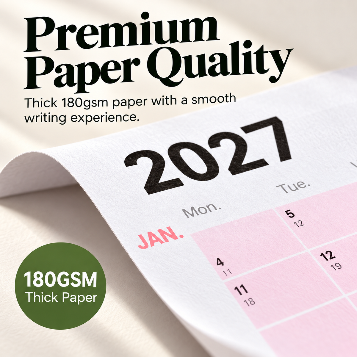 2027 wall planner thick paper close up showing advertised 180gsm specification