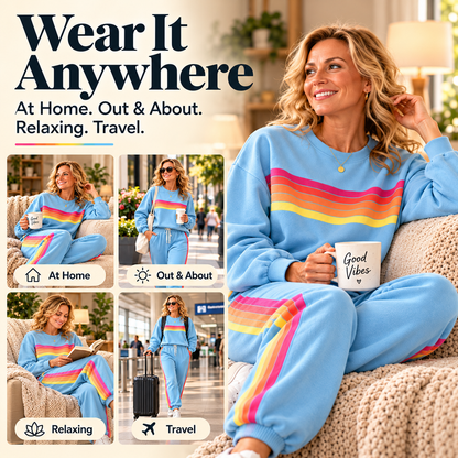 🌈Women's Retro Rainbow Stripe 2-Piece Set – Relaxed Sweatshirt & Drawstring Joggers 💕