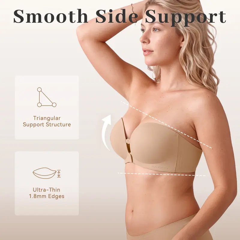 ✨Womens Strapless Front Closure Bra Push Up Lift Bra Padded Add Cup Non Slip Anti-Slip Grip & Removable Straps Fit Outfits Wireless Supportive Seamless