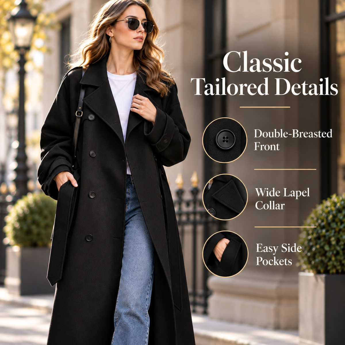 Women’s Classic Double-Breasted Wool Blend Long Coat