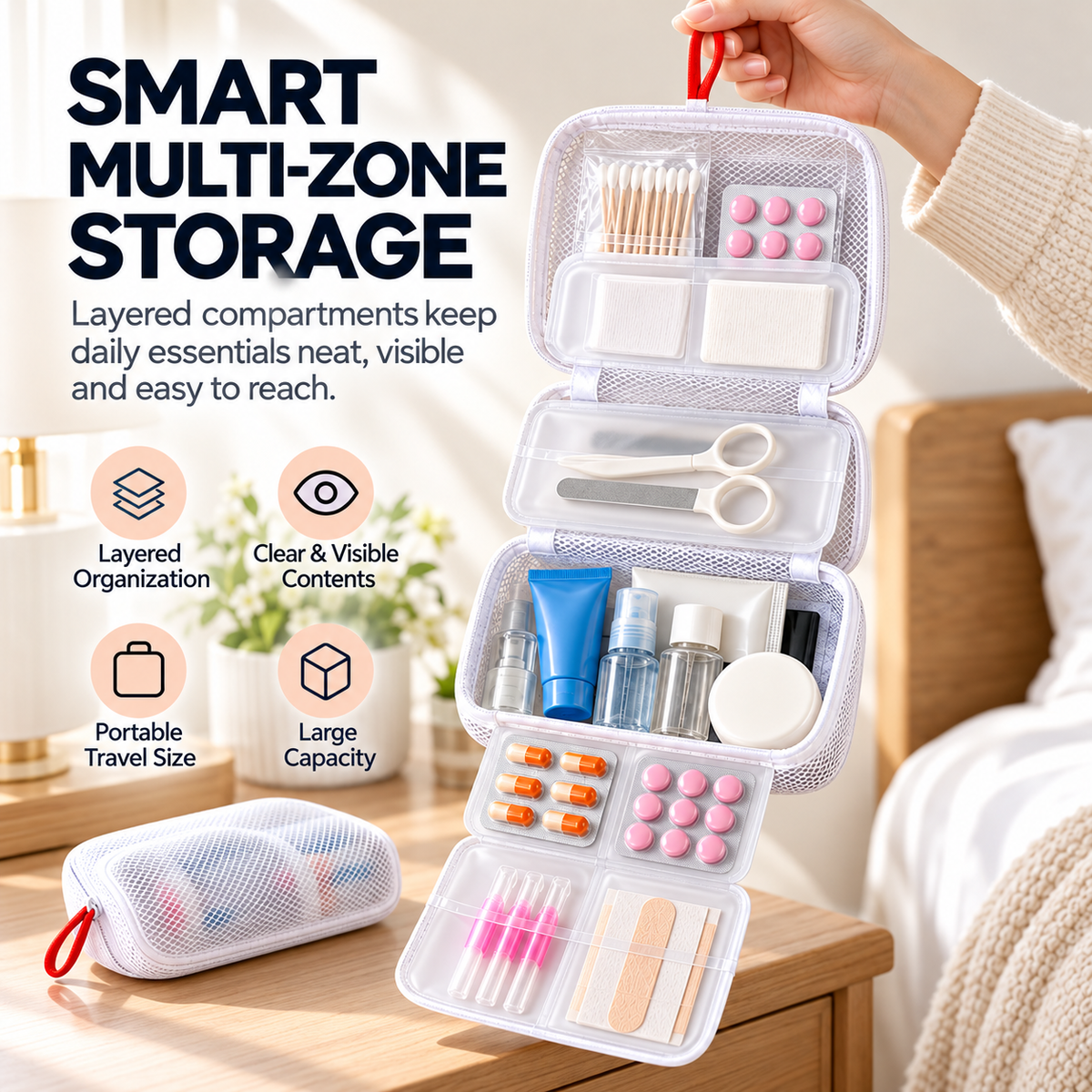 Portable Multi-Compartment Travel Organizer Bag for Toiletries, Medicine & Daily Essentials