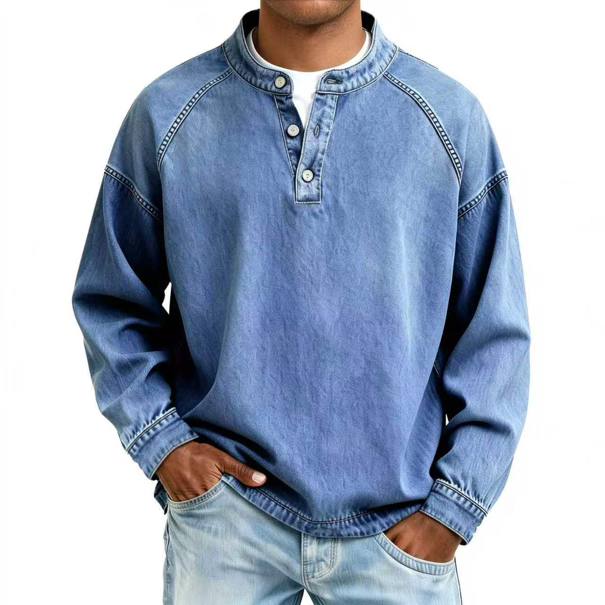 Vintage Wash Henley Sweatshirt | Casual Loose Fit Long Sleeve Top