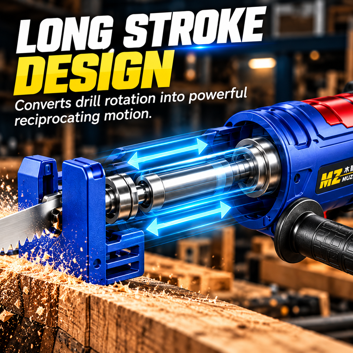 Cutaway view illustrating the long-stroke reciprocating motion mechanism