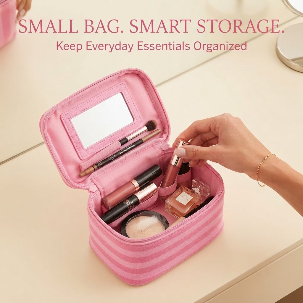 Pink Striped Portable Makeup Bag with Built-In Mirror