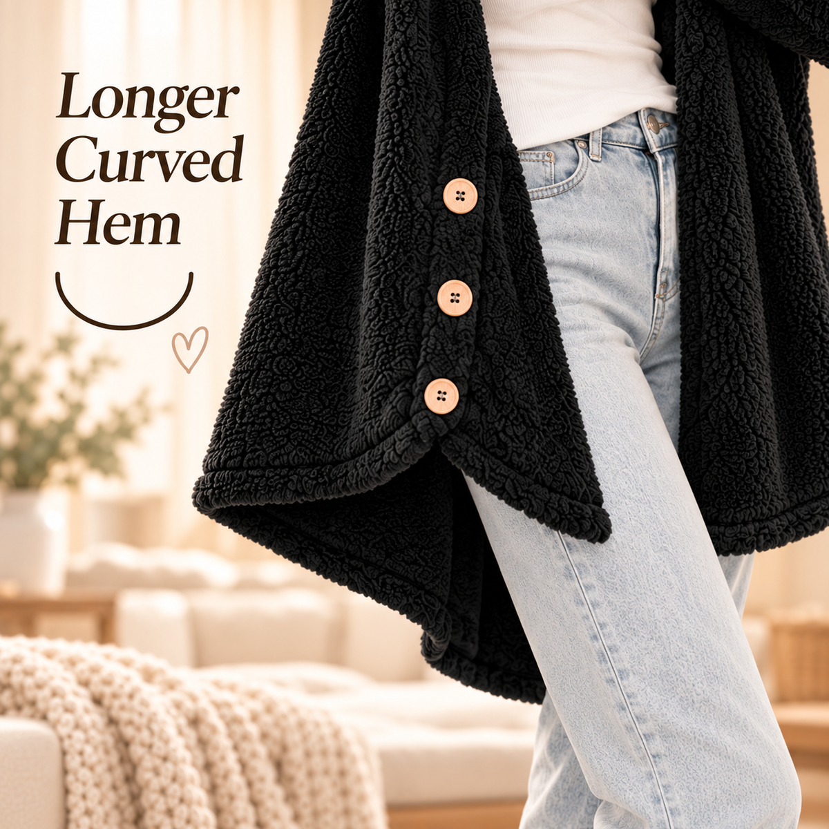Irregular curved hem of black plush winter coat