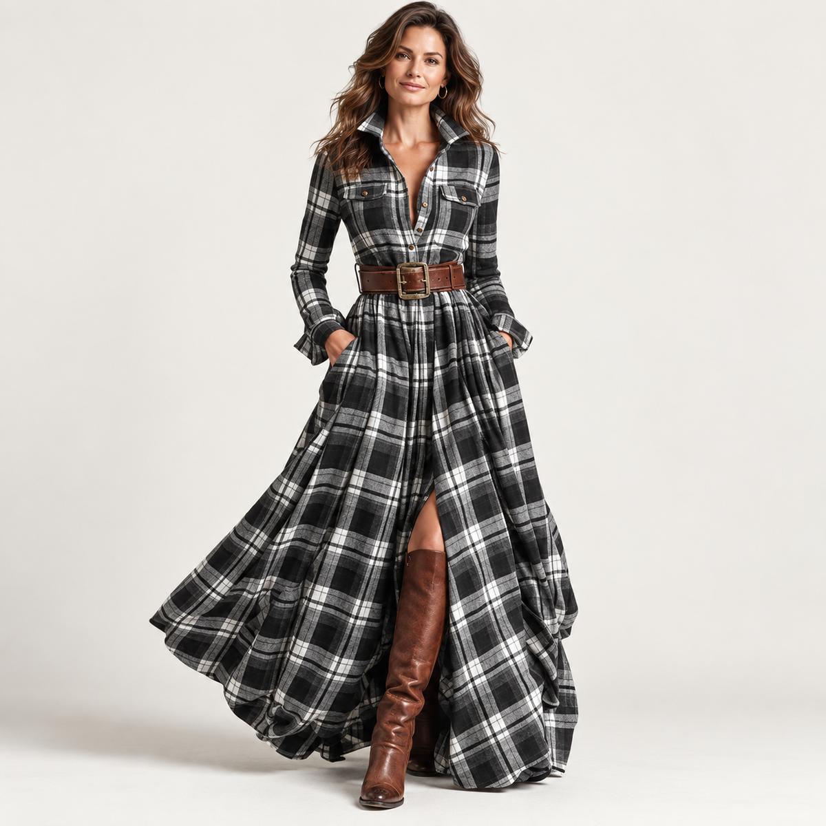 Vintage Plaid Button-Front Maxi Dress – Belt Included