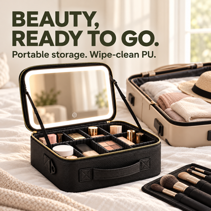 Portable Makeup Train Case with LED Lighted Mirror, 3 Lighting Modes & Adjustable Dividers