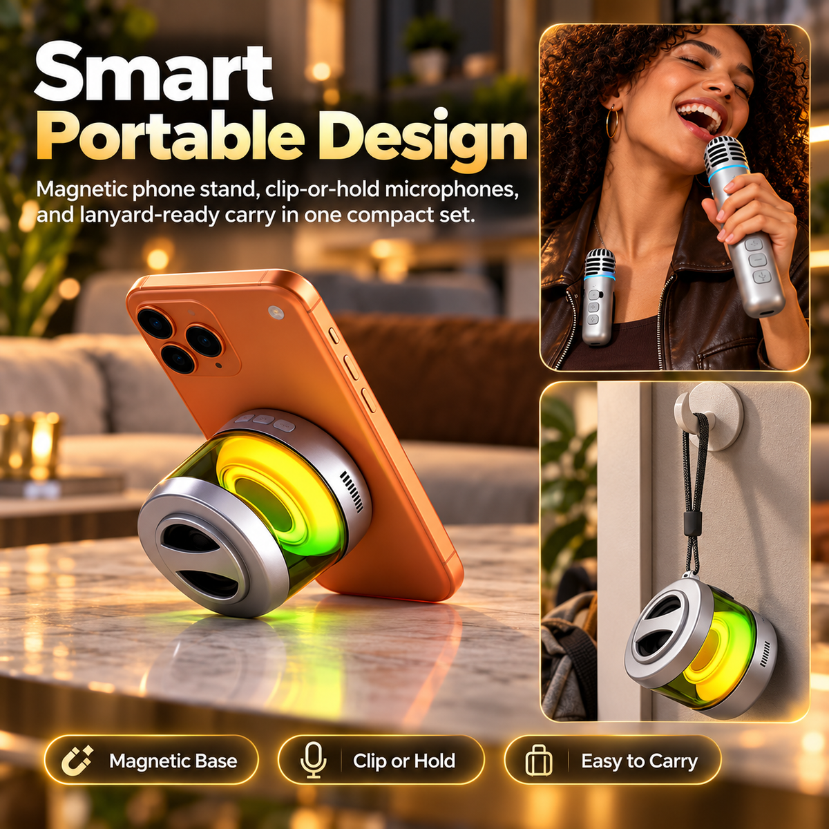 Portable Mini Karaoke Machine with Dual Wireless Microphones, 360° Sound & RGB Lights