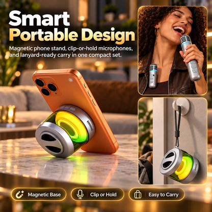 Portable Mini Karaoke Machine with Dual Wireless Microphones, 360° Sound & RGB Lights