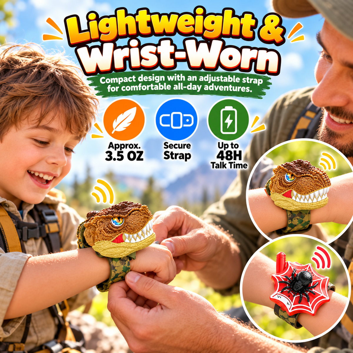 2-Pack Kids Walkie Talkies – Up to 4 Players, 3280FT Range, Fun Dinosaur & Spider Wrist Toys