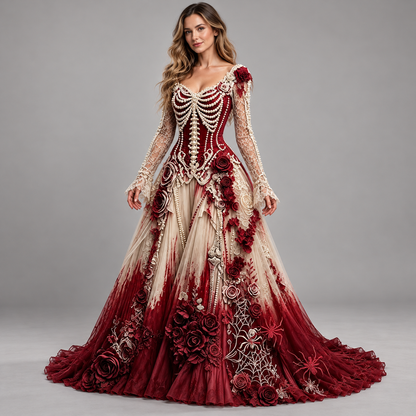 Women’s Gothic Skeleton & Rose Maxi Dress – Vintage Style, Flared Sleeves & Flowing Skirt for Halloween