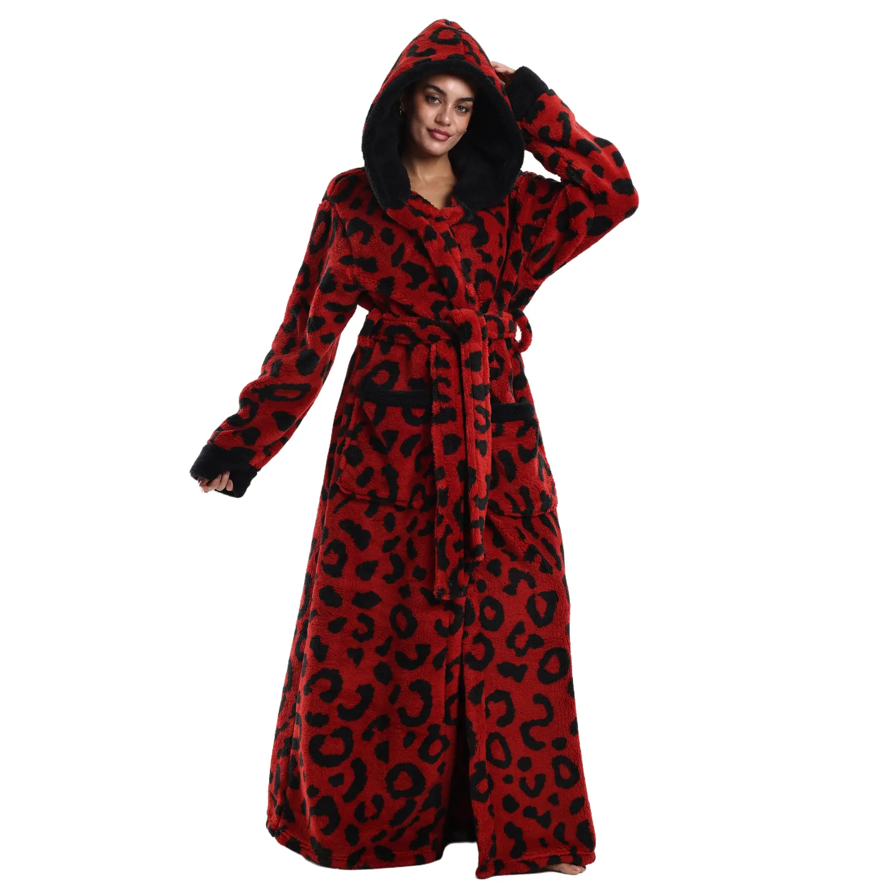 Treavhds™ Hooded Long Leopard Print Bathrobe - Thickened Flannel Fabric