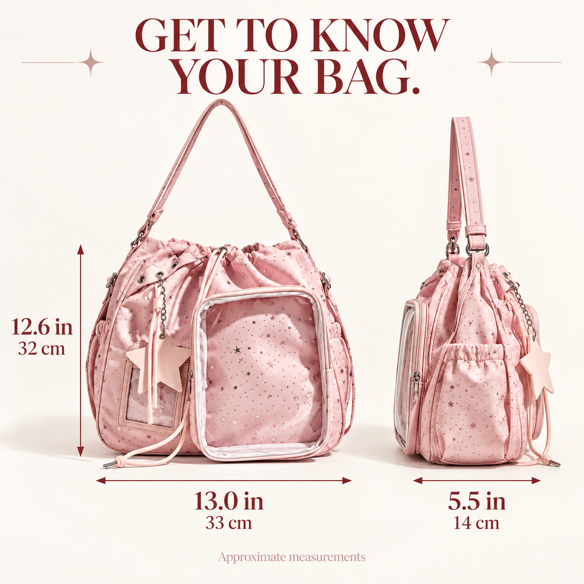✨ Star-Embossed Ita Bag | Convertible Drawstring Backpack & Shoulder Bag with Clear Window 🎒