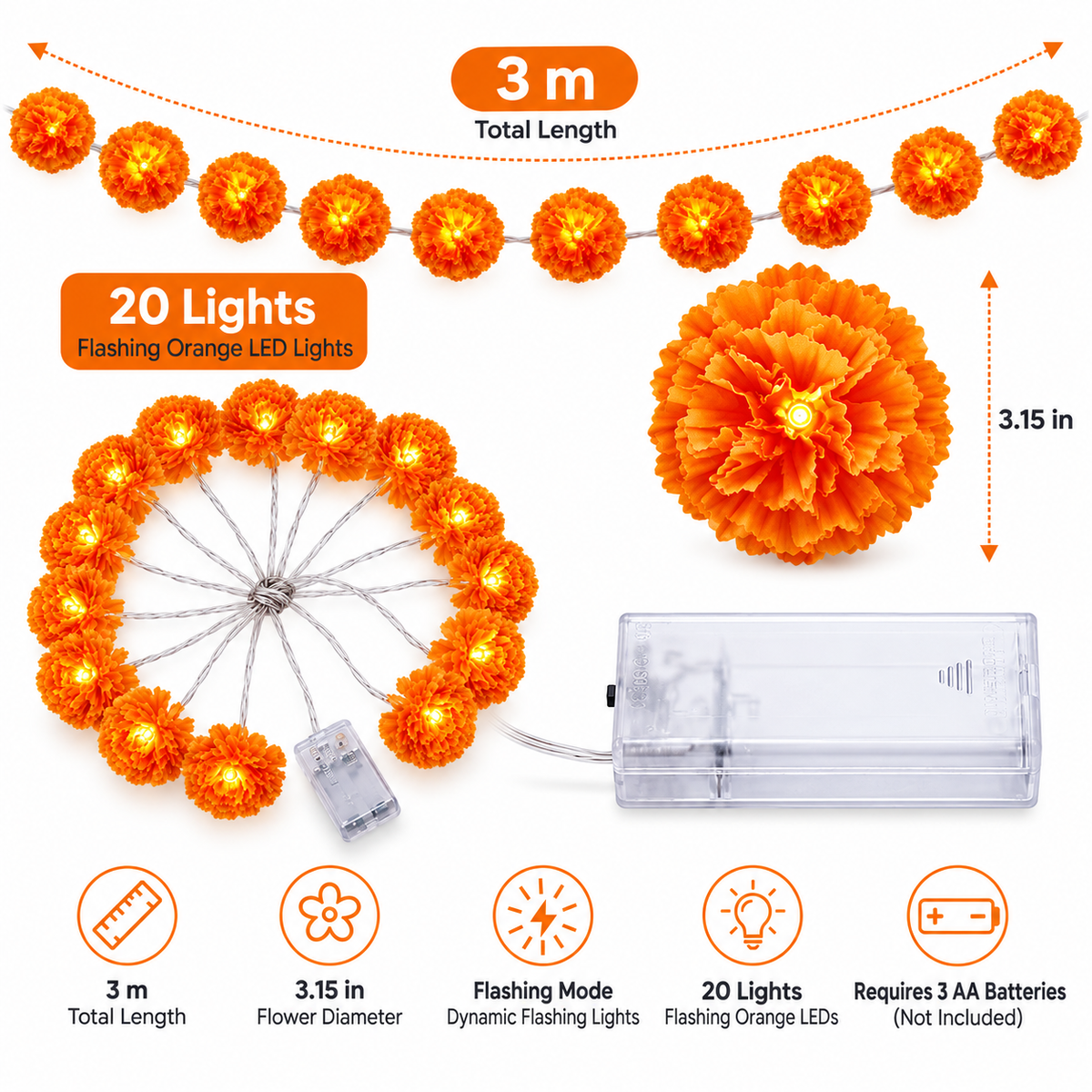 🎃 Marigold Flower String Lights – A Festive Glow for Fall & Day of the Dead 🌼
