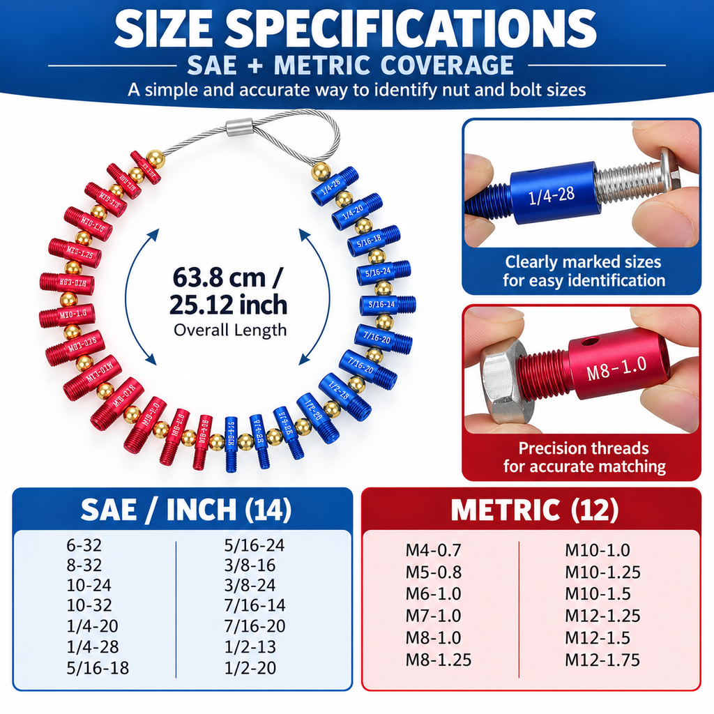 26-Piece Removable Nut and Bolt Gauge Set – Thread Size and Bolt Hole Inspection Tool