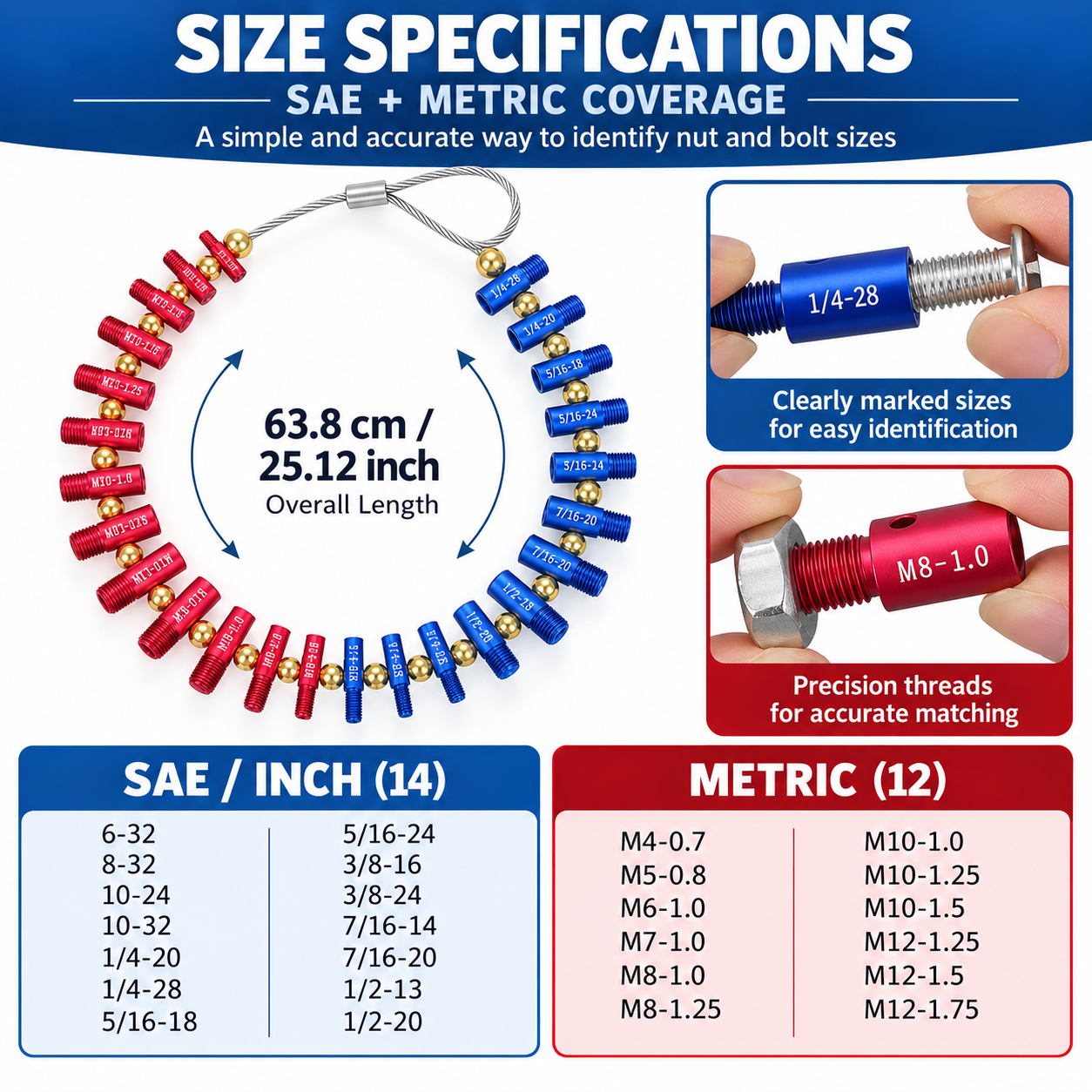26-Piece Removable Nut and Bolt Gauge Set – Thread Size and Bolt Hole Inspection Tool
