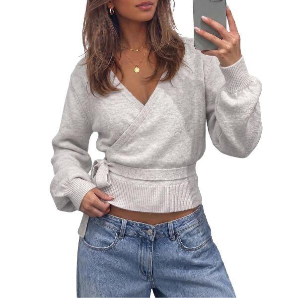 💃Women’s V-Neck Wrap Knit Sweater with Tie Waist & Lantern Sleeves💃