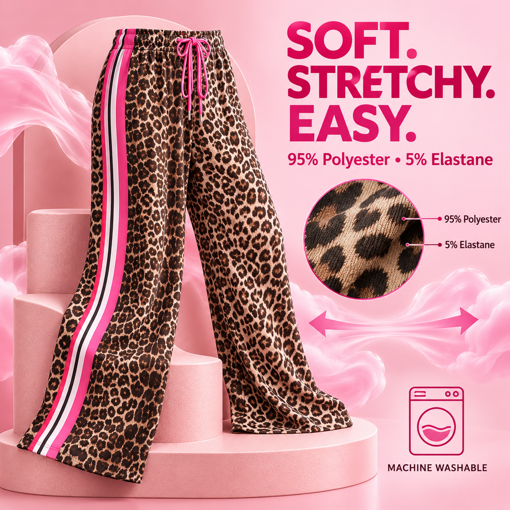 💃Women's Leopard Print Side Stripe Wide Leg Stretchy Casual Pants💃