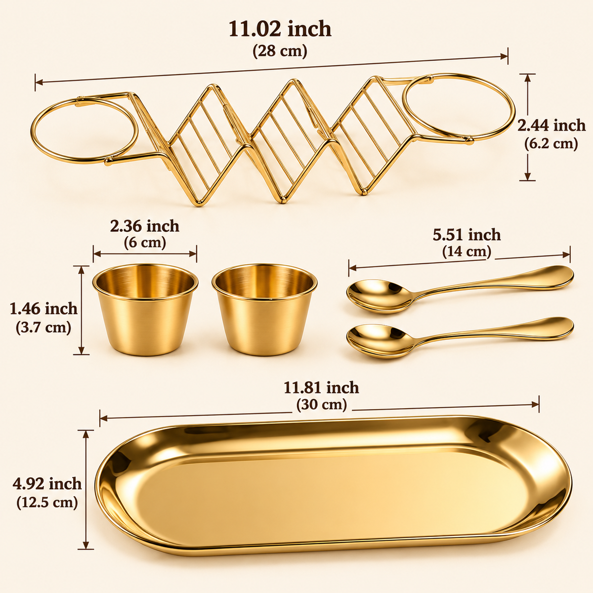 6-Piece Set Gold Taco Holder & Serving Set with Sauce Cups