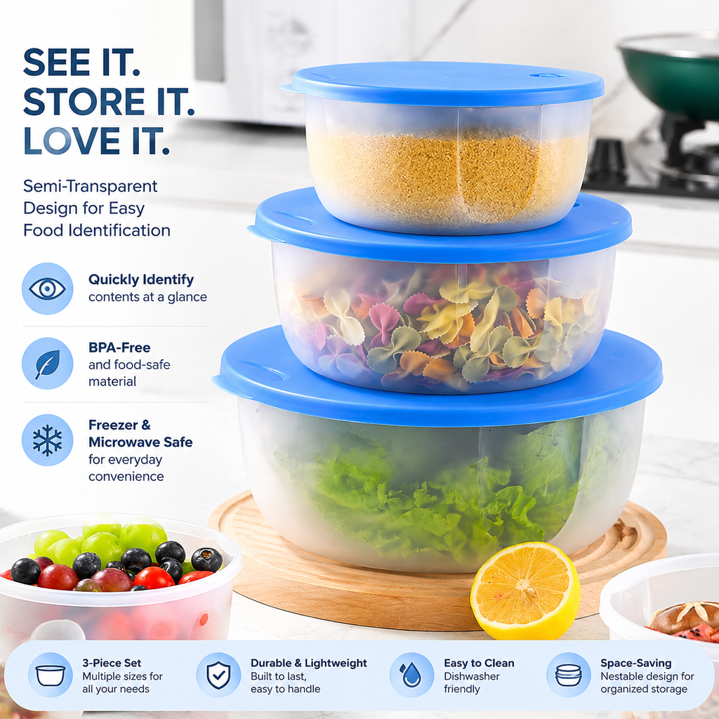 4-Piece Food Storage Containers with Lids – Multi-Size Stackable Kitchen Storage Bowls