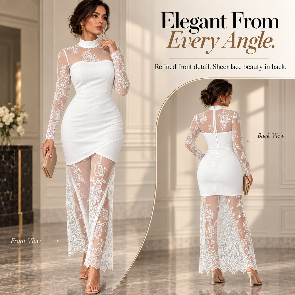 Sheer Lace Elegance Mock-Neck Bodycon Maxi Dress