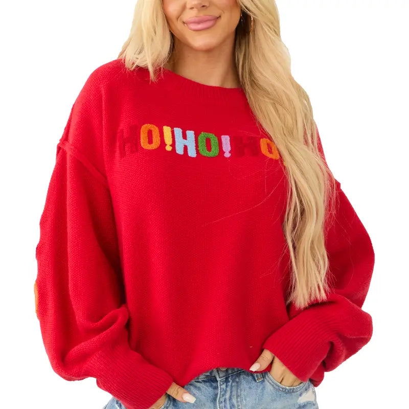 🎄 Women's Oversized Christmas Sweater – Colorful Chenille HO HO HO & MERRY CHRISTMAS Graphic Knit Pullover