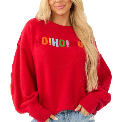 🎄 Women's Oversized Christmas Sweater – Colorful Chenille HO HO HO & MERRY CHRISTMAS Graphic Knit Pullover