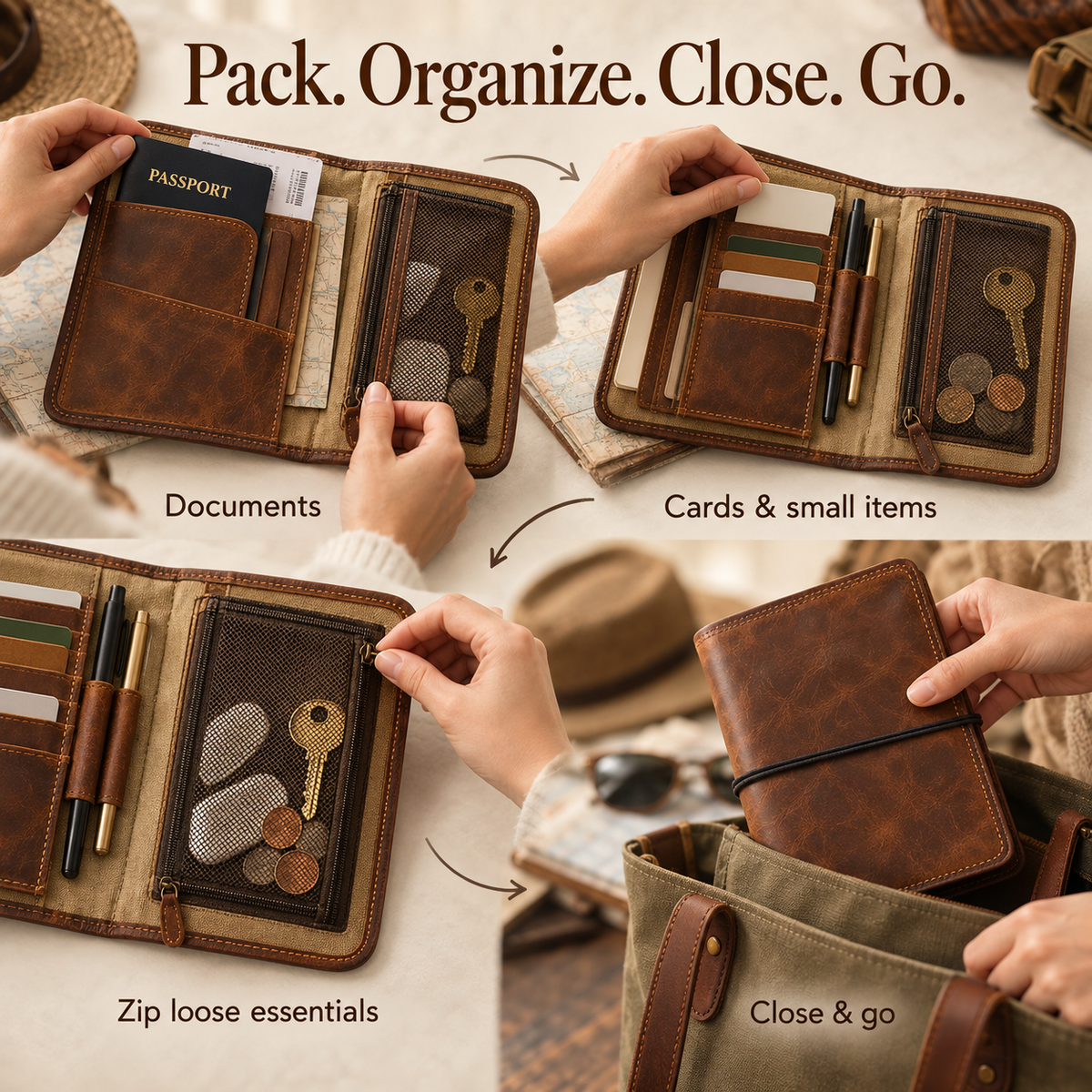 Vintage Leather Travel Organizer Wallet with Passport Holder & 10 Card Slots