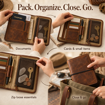 Vintage Leather Travel Organizer Wallet with Passport Holder & 10 Card Slots