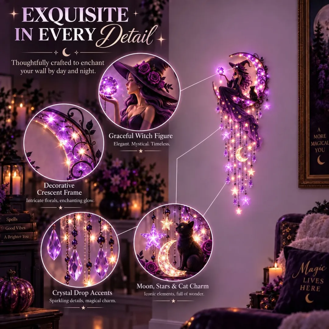 🌙Witch Moon Wall Light with Black Cat & Crystal Hanging Decor🌙