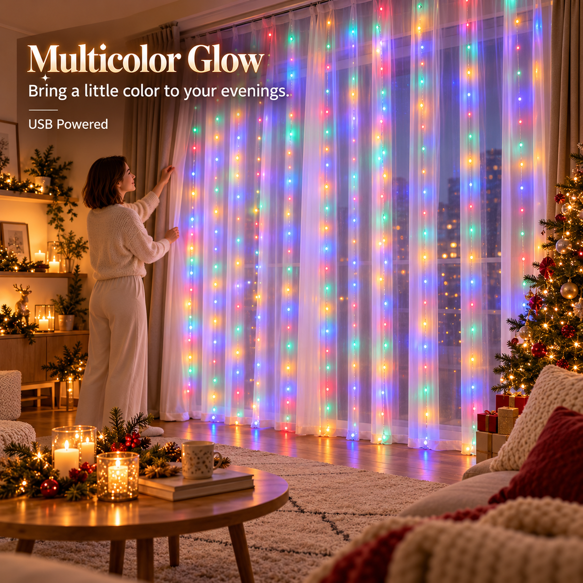🎄 Christmas Curtain Lights – Warm White LED Window Lights with Remote Control