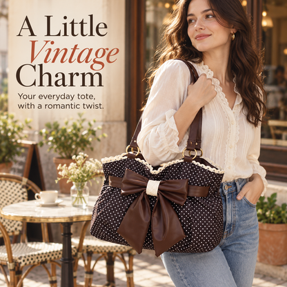 🎀Retro Chic Polka Dot Bow Tote — Vintage Lace Fabric Shoulder Bag & Daily Travel Purse 👜