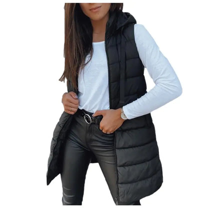 Hooded Long Puffer Vest Without the Bulk